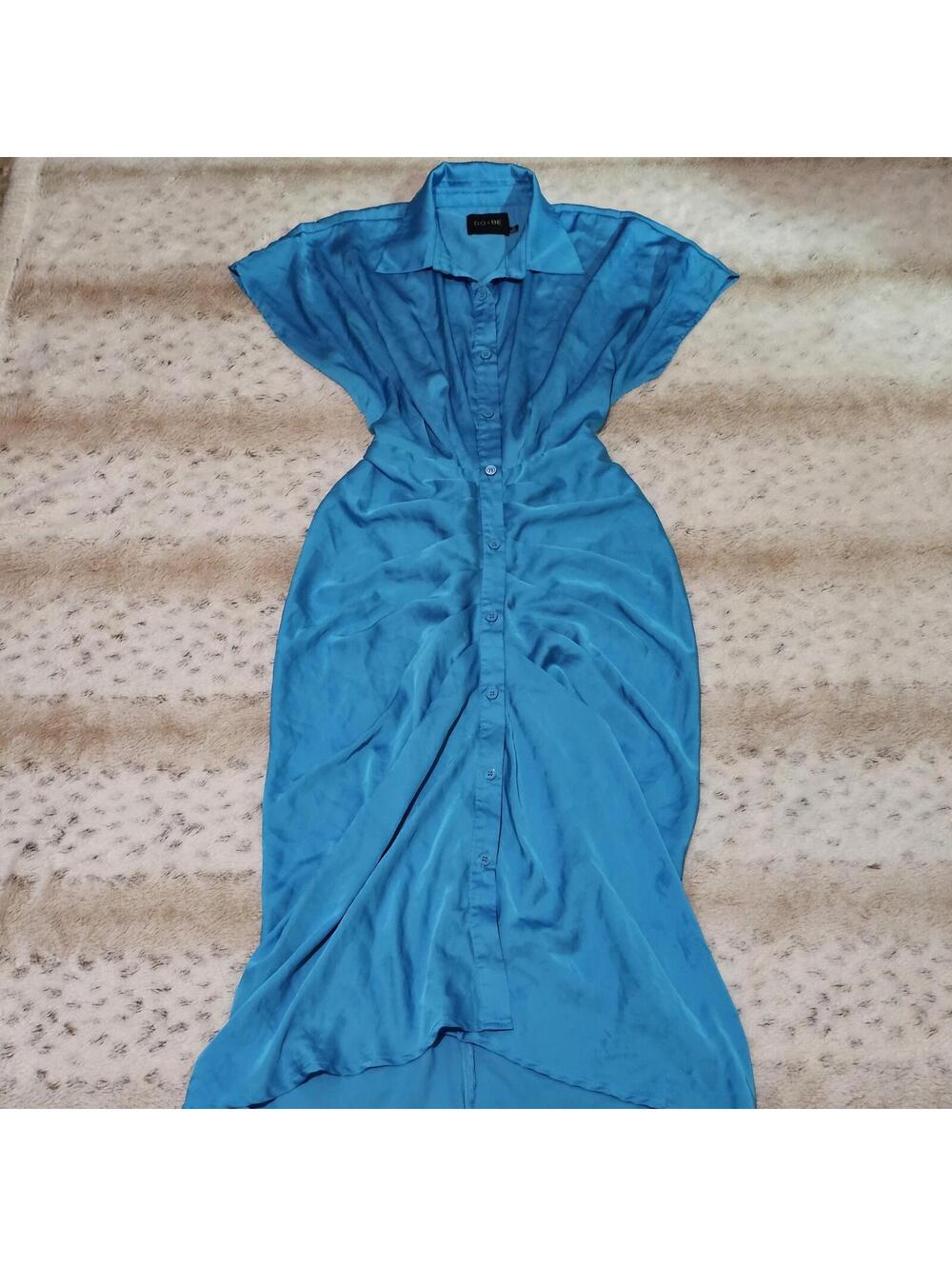 DO+BE Blue Satin Ruched Button Down Bow Midi Dress S